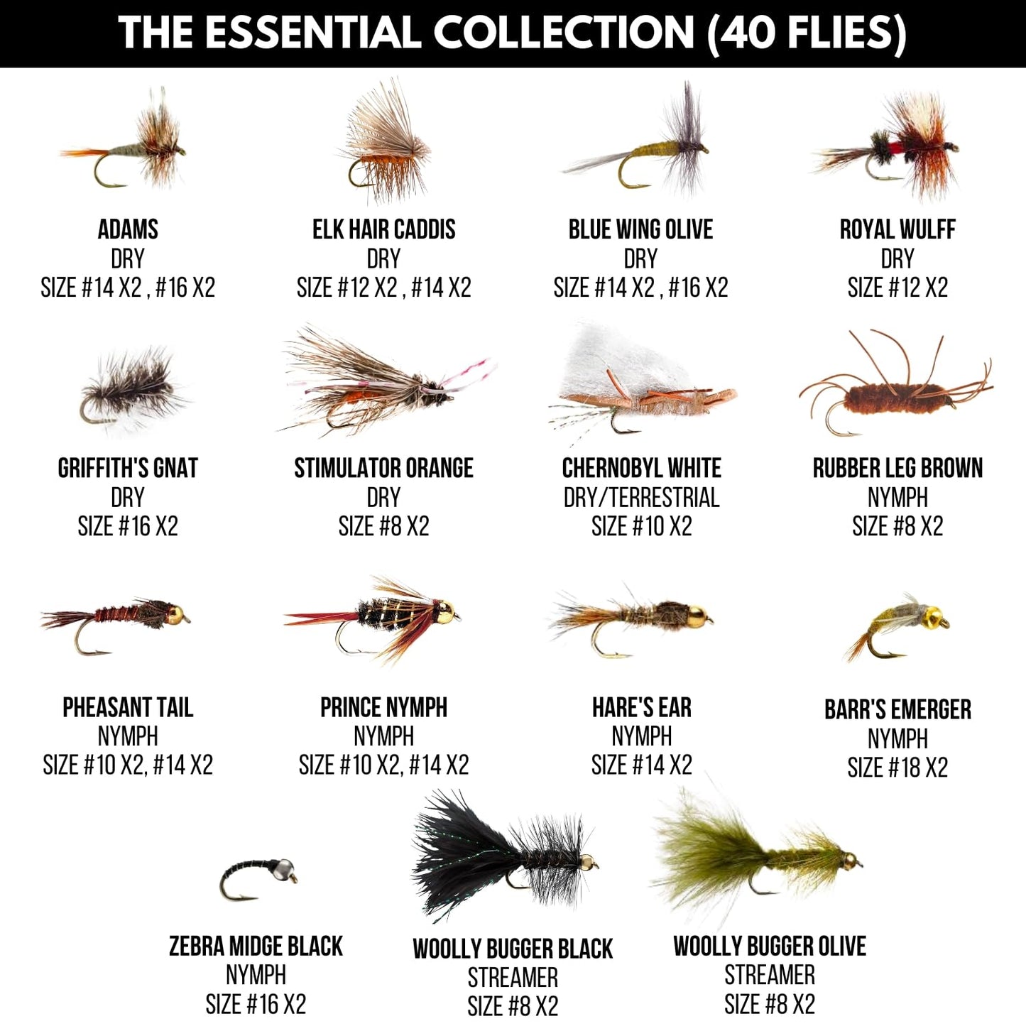 Ventures Fly Co. | 40 Premium Hand Tied Fly Fishing Flies Assortment | Fly Box Included | Dry, Wet, Nymphs, Streamers, Wooly Buggers, Terrestrials | Trout, Bass Lure Set, Kit