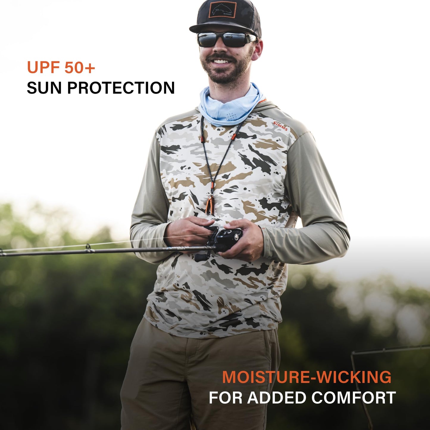 Simms Mens Bugstopper Solarflex 50+ UPF Long Sleeve Hoody Fishing Shirt with Insect Shield Repellent Apparel - Ghost Camo Stone/Stone - XX-Large