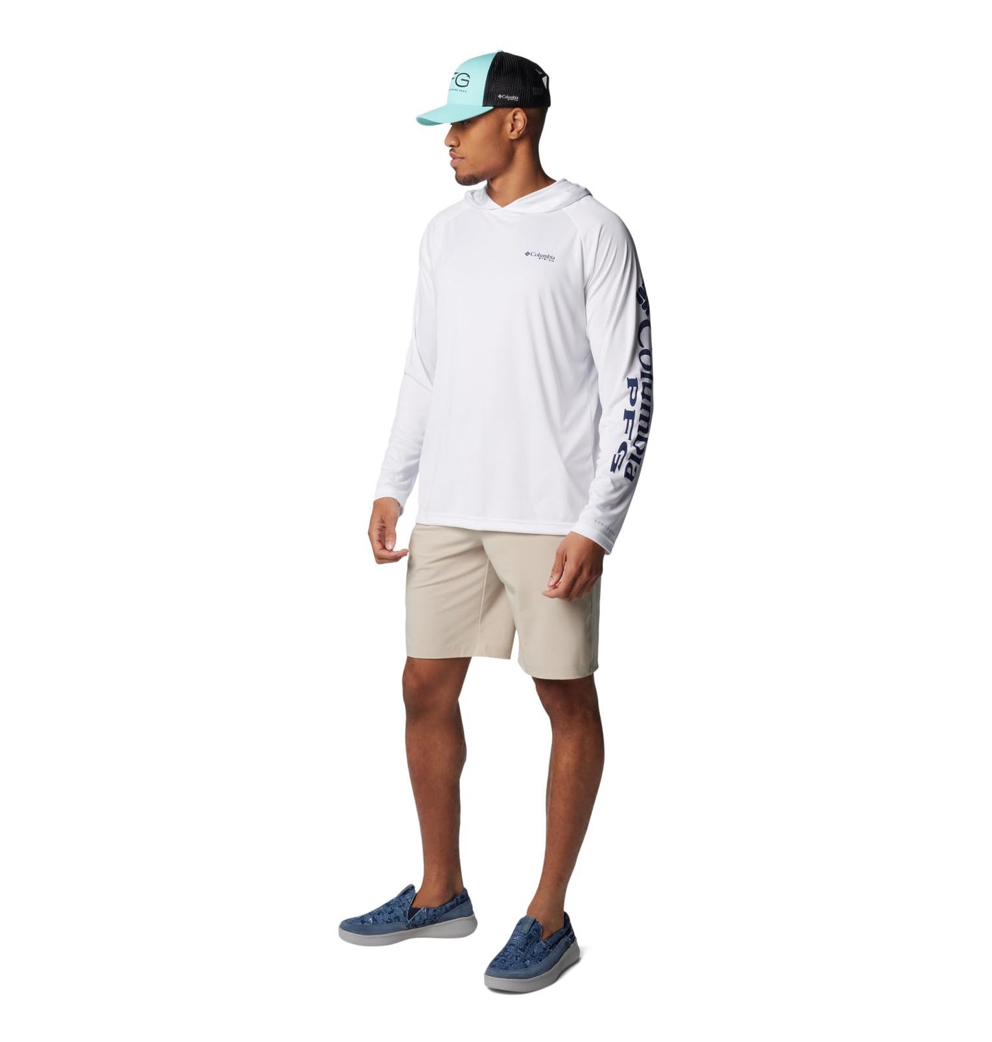 Columbia Mens PFG Terminal Tackle Long Sleeve Fishing Hoodie, White/Nightshade Logo, X-Large