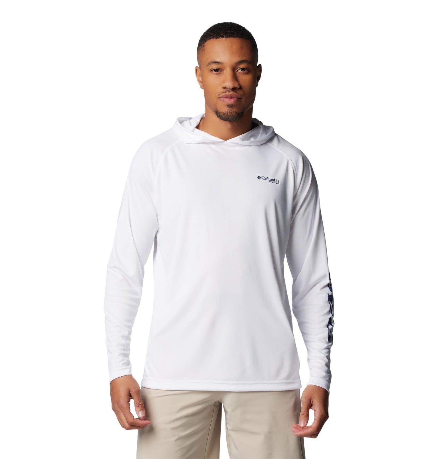 Columbia Mens PFG Terminal Tackle Long Sleeve Fishing Hoodie, White/Nightshade Logo, X-Large