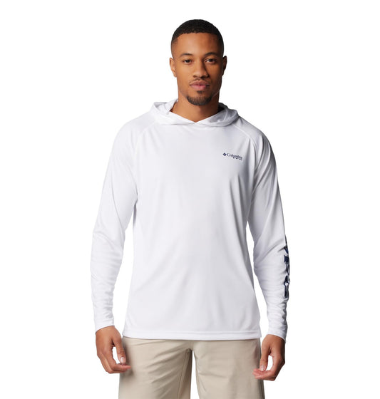Columbia Mens PFG Terminal Tackle Long Sleeve Fishing Hoodie, White/Nightshade Logo, X-Large
