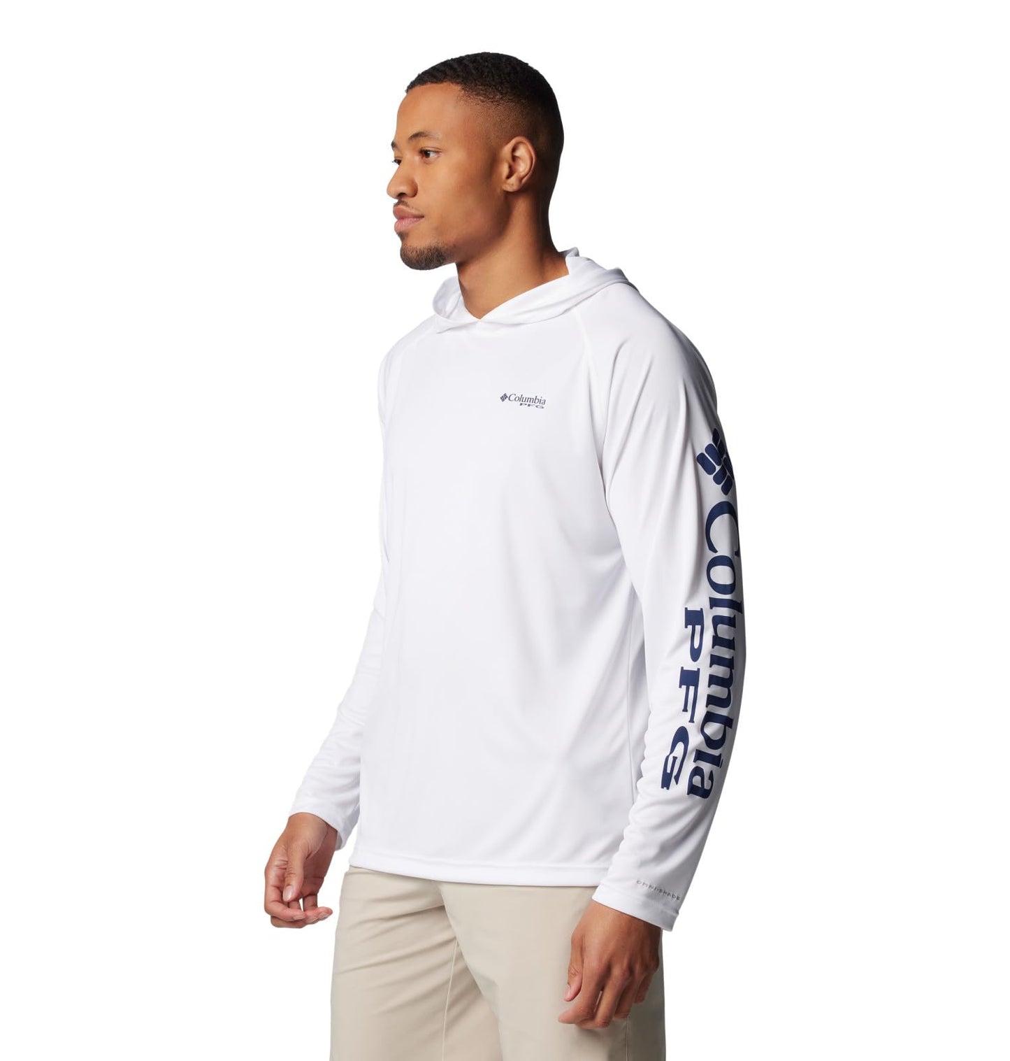 Columbia Mens PFG Terminal Tackle Long Sleeve Fishing Hoodie, White/Nightshade Logo, X-Large