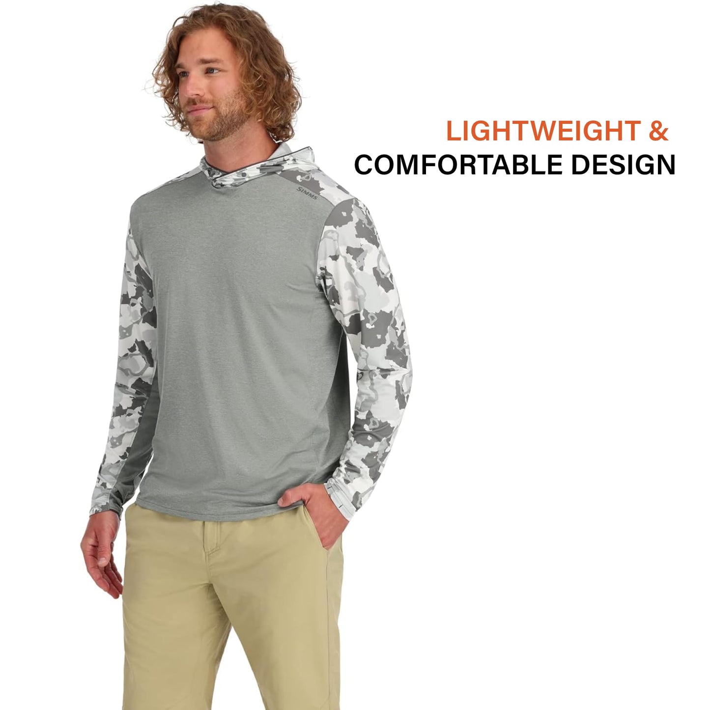 Simms Mens Bugstopper Solarflex 50+ UPF Long Sleeve Hoody Fishing Shirt with Insect Shield Repellent Apparel - Ghost Camo Stone/Stone - XX-Large