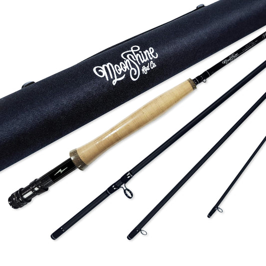 Moonshine Rod Co. Fly Fishing Rod with Carrying Case and Extra Rod Tip Section, Slow-Medium-Fast Action, The Phantom (9'0" x 7wt)