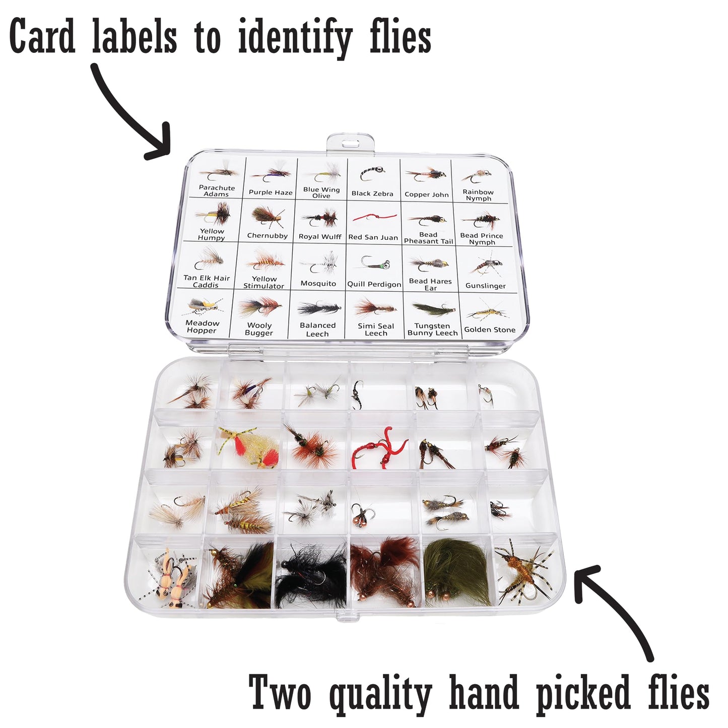 Smitty's Fly Box | Starter Box | 48 Essential Premium Hand Tied Trout Flies | Contains Dry Flies, Wet Flies, Nymphs, Streamers, Wooly Buggers, Terrestrials |