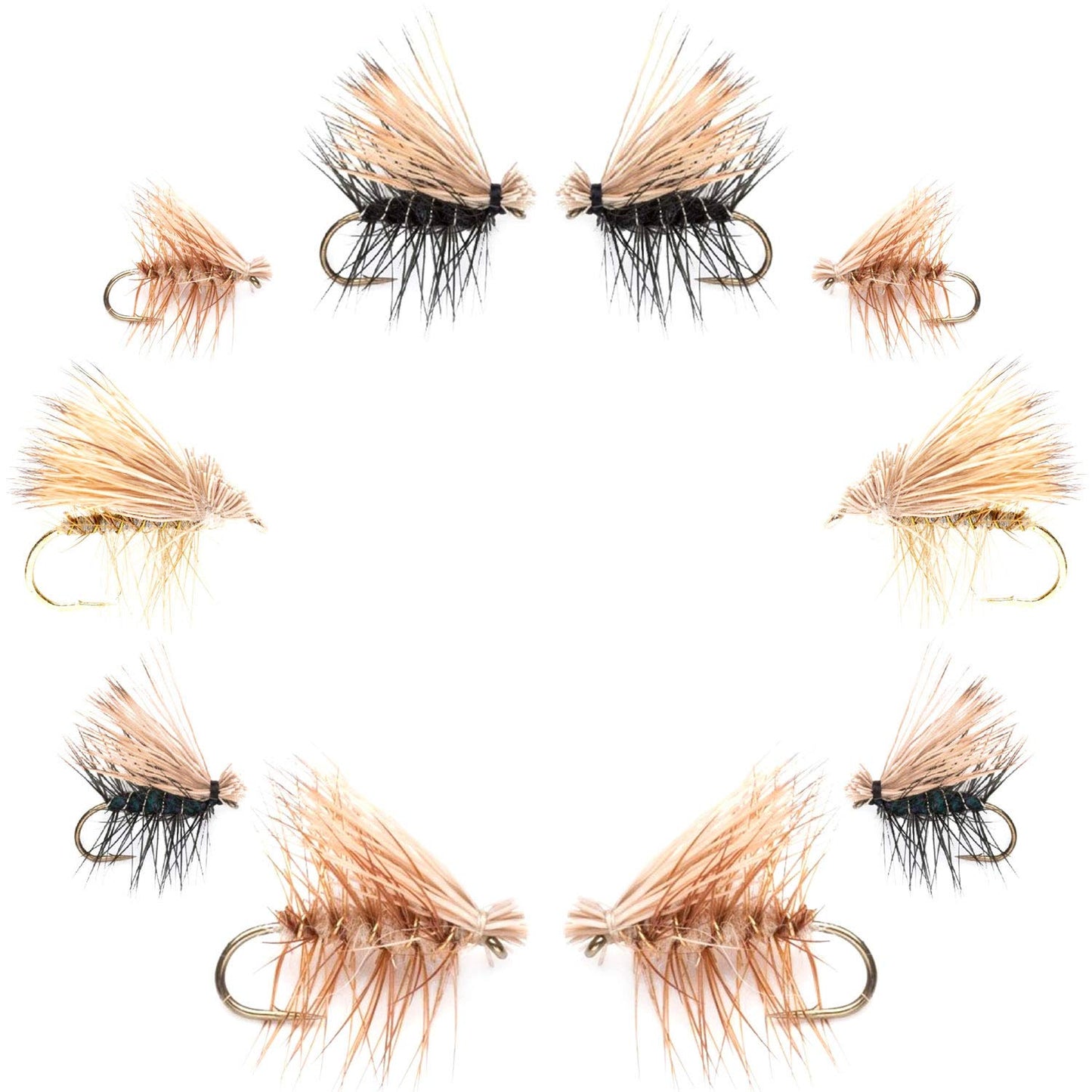 The Fly Fishing Place Basics Collection - Elk Hair Caddis Dry Fly Assortment - 10 Dry Fishing Flies - 5 Patterns - Hook Sizes 12, 14, 16, 18