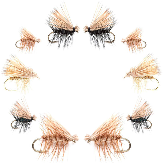 The Fly Fishing Place Basics Collection - Elk Hair Caddis Dry Fly Assortment - 10 Dry Fishing Flies - 5 Patterns - Hook Sizes 12, 14, 16, 18