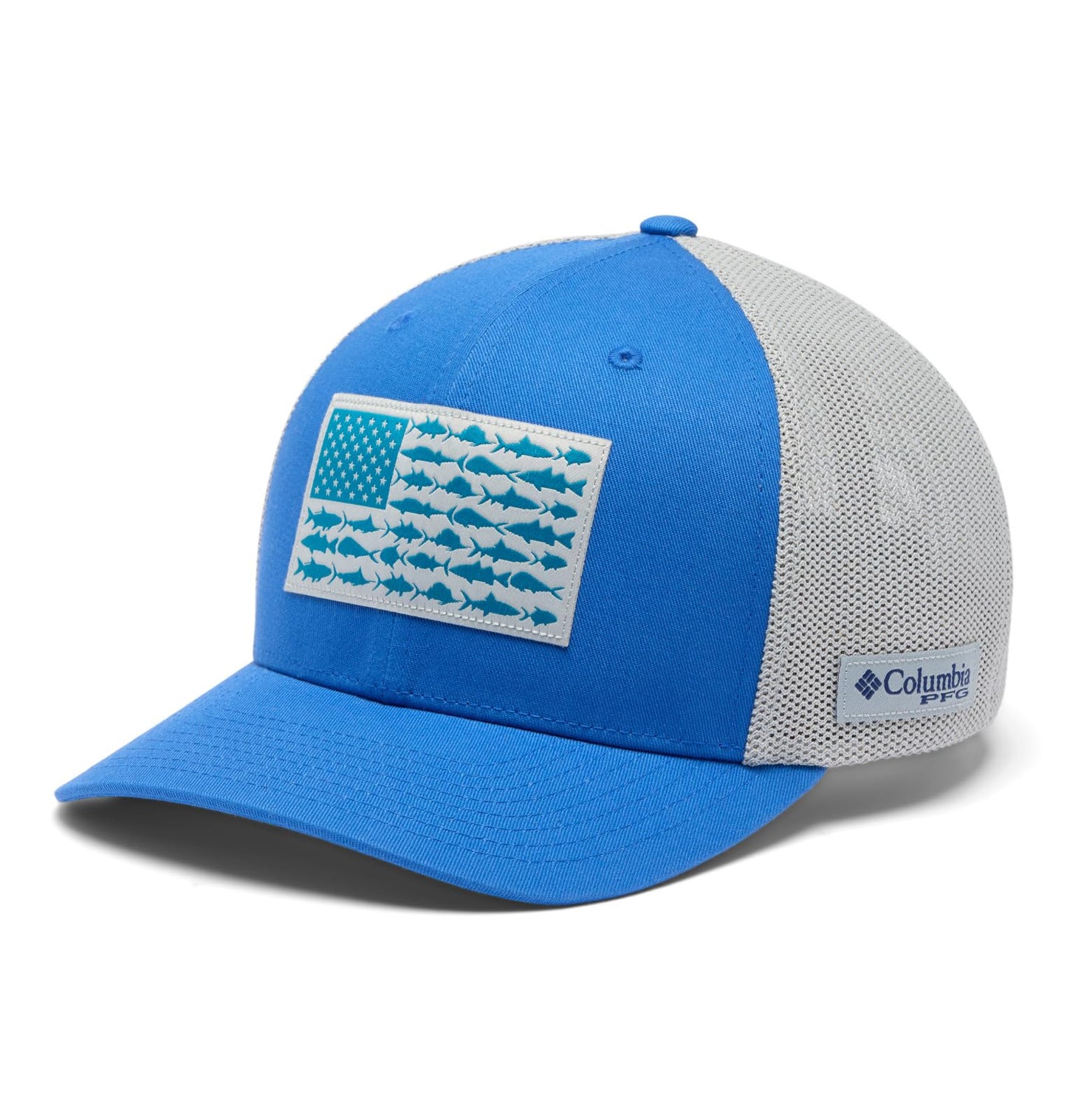 Columbia Unisex PFG Fish Flag Mesh Ball Cap, Vivid Blue/Cool Grey/US Fish Flag, XX-Large