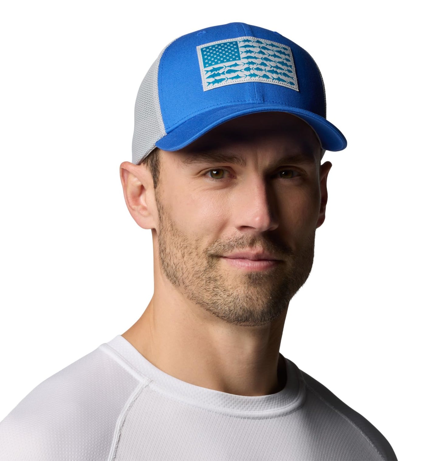Columbia Unisex PFG Fish Flag Mesh Ball Cap, Vivid Blue/Cool Grey/US Fish Flag, XX-Large