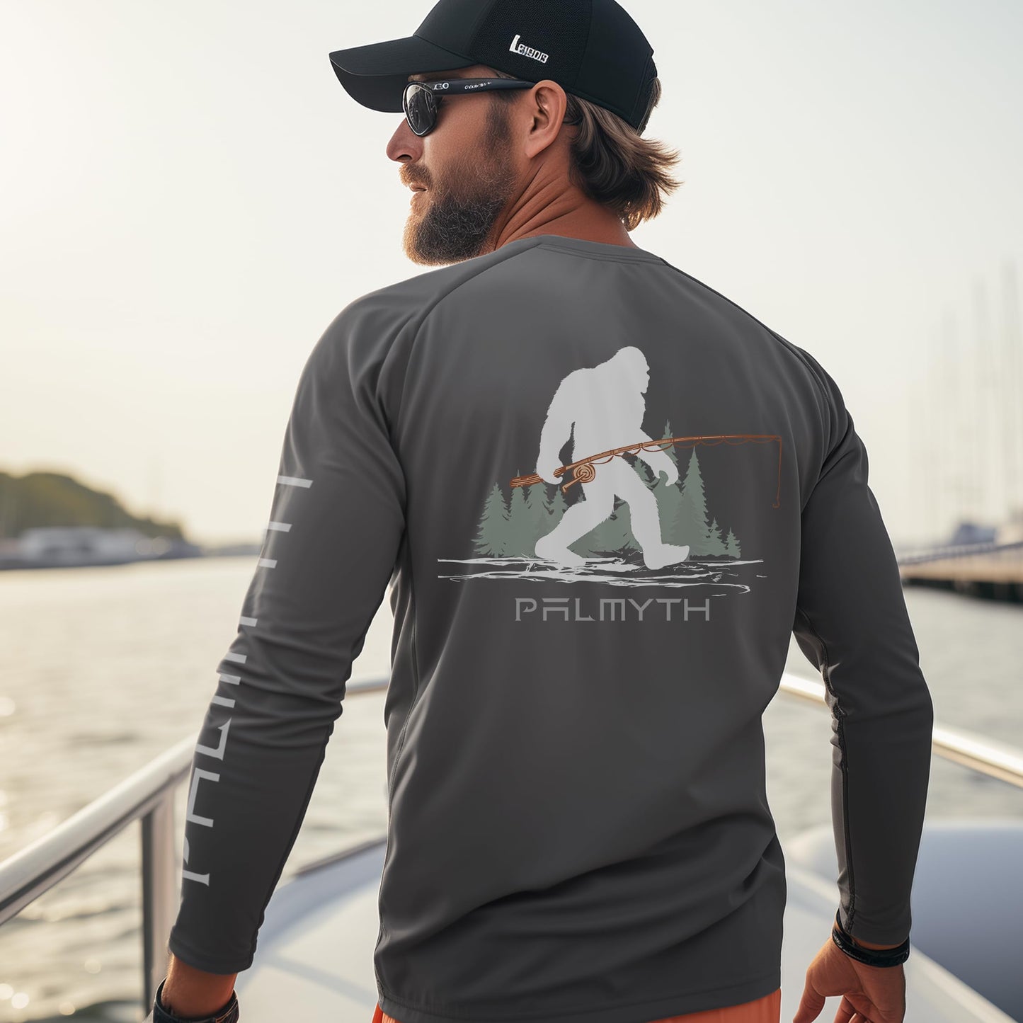 Palmyth Fishing Shirts for Men Long Sleeve UPF 50+ T Shirt Sun Protection Tee (Charcoal/Bigfoot Fishing, XL)