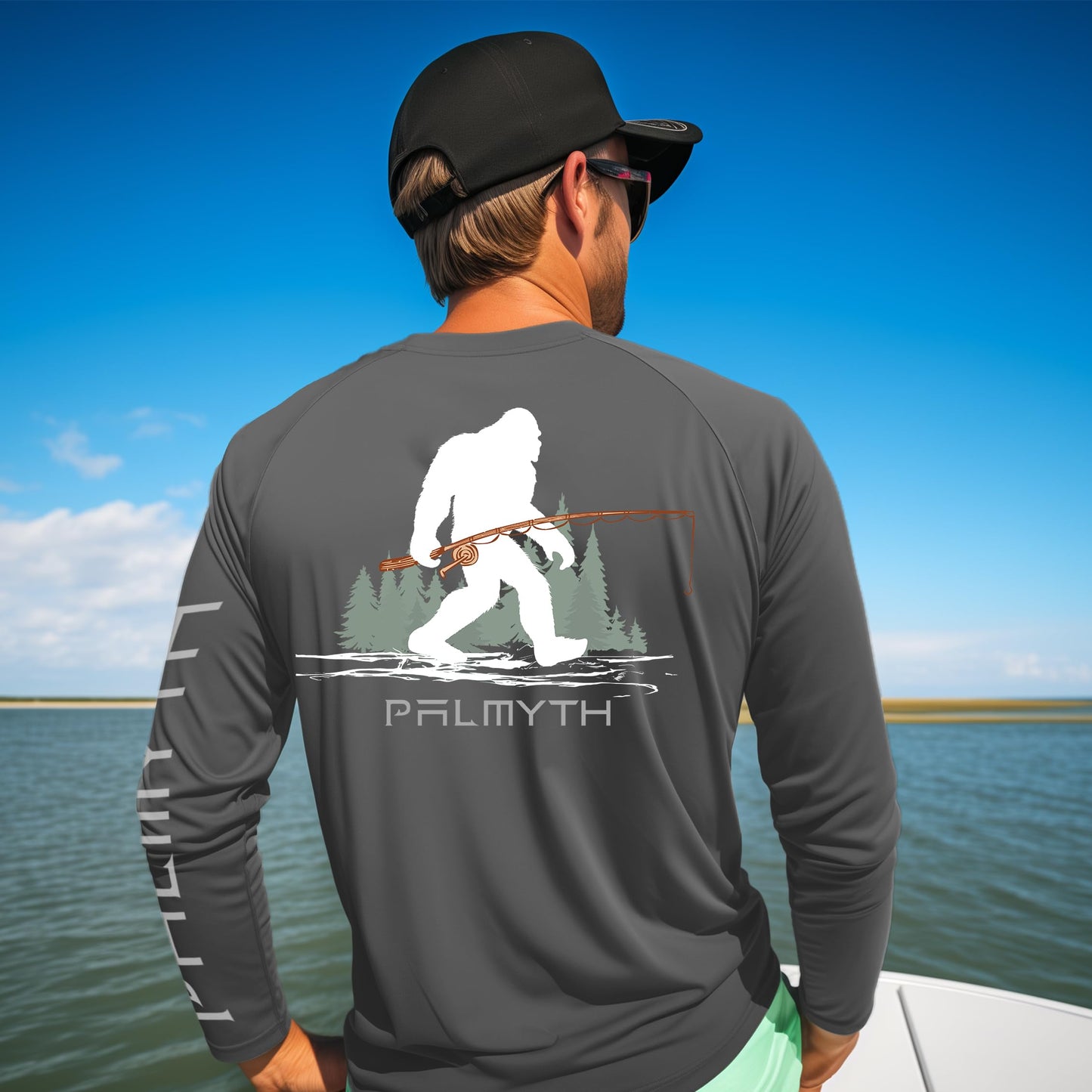 Palmyth Fishing Shirts for Men Long Sleeve UPF 50+ T Shirt Sun Protection Tee (Charcoal/Bigfoot Fishing, XL)