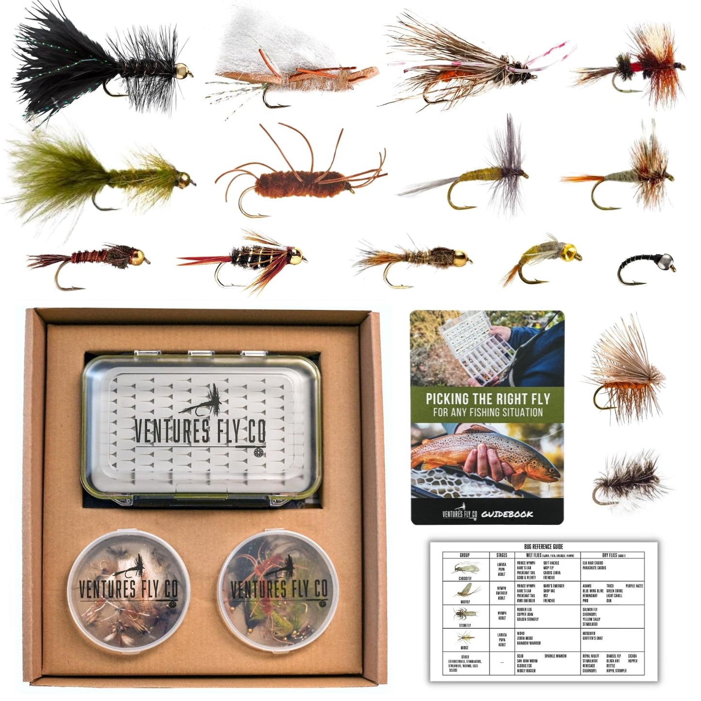 Ventures Fly Co. | 40 Premium Hand Tied Fly Fishing Flies Assortment | Fly Box Included | Dry, Wet, Nymphs, Streamers, Wooly Buggers, Terrestrials | Trout, Bass Lure Set, Kit