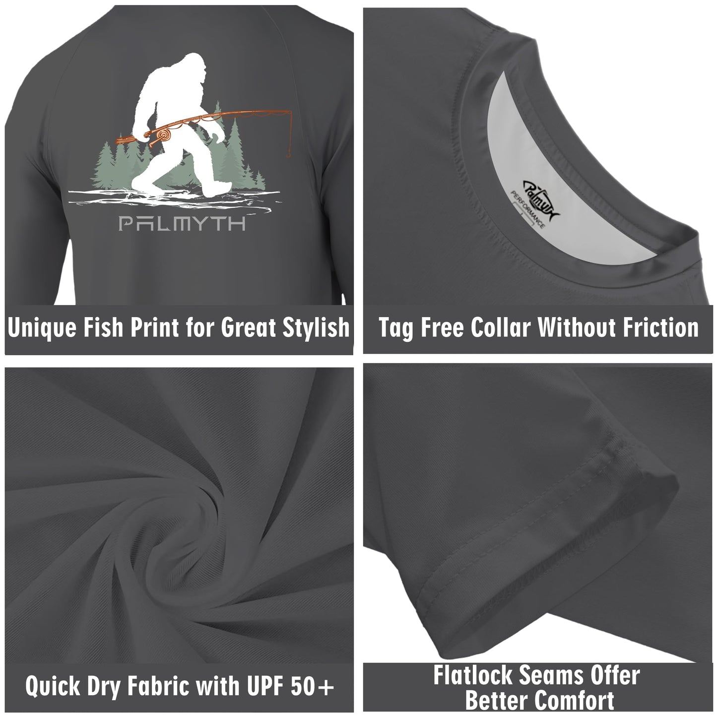 Palmyth Fishing Shirts for Men Long Sleeve UPF 50+ T Shirt Sun Protection Tee (Charcoal/Bigfoot Fishing, XL)