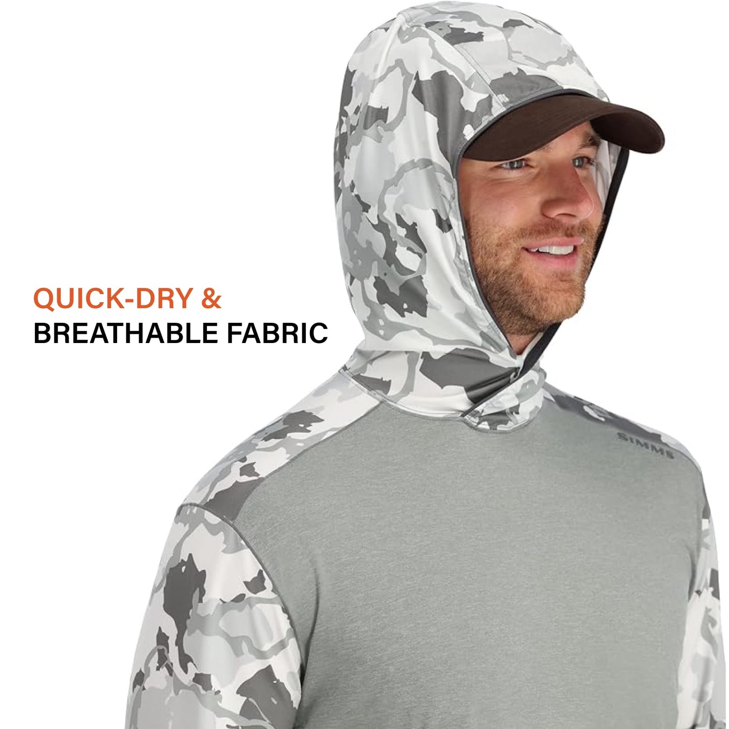 Simms Mens Bugstopper Solarflex 50+ UPF Long Sleeve Hoody Fishing Shirt with Insect Shield Repellent Apparel - Ghost Camo Stone/Stone - XX-Large