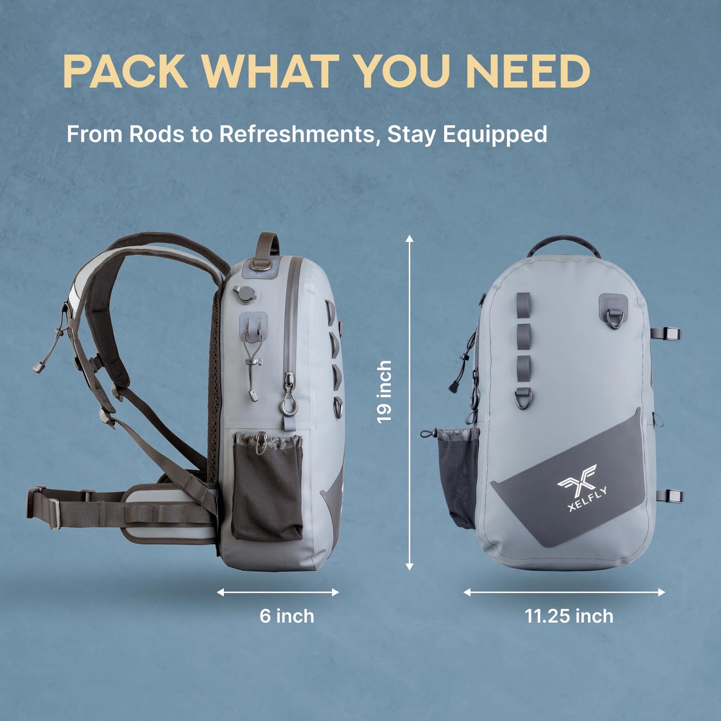 Xelfly - Waterproof Fishing Backpack with Rod Holder, Inflatable Air Valve, Padded Waist Straps & Gear Loops - Submersible Zipper, Rugged Top Handle, Adjustable Attachments (Gray)