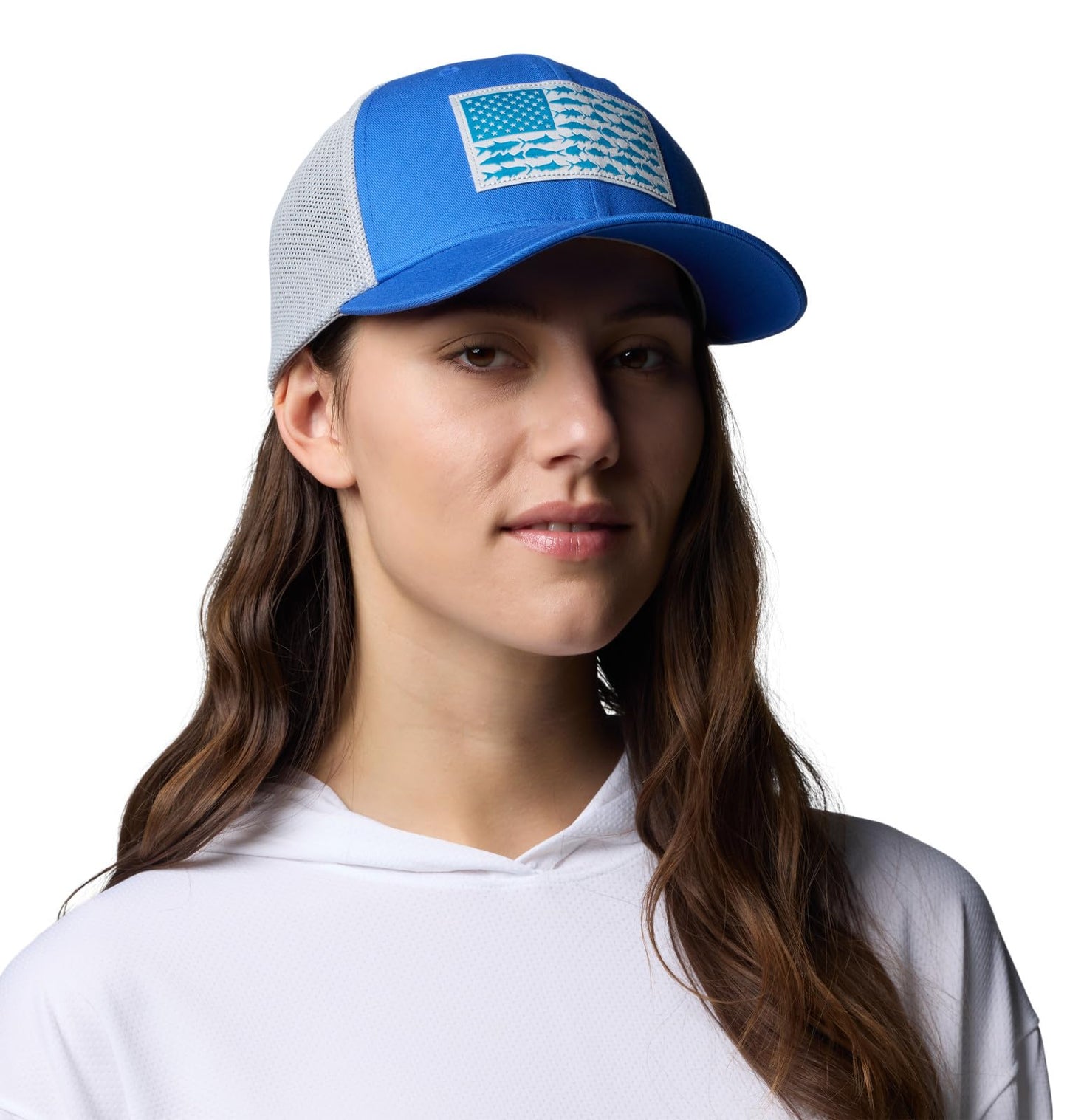 Columbia Unisex PFG Fish Flag Mesh Ball Cap, Vivid Blue/Cool Grey/US Fish Flag, XX-Large