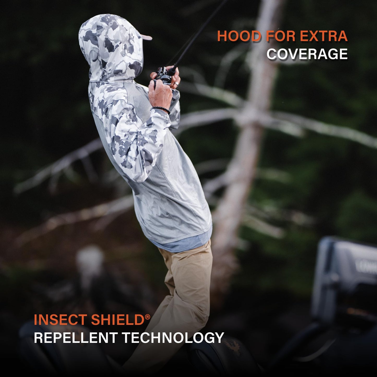 Simms Mens Bugstopper Solarflex 50+ UPF Long Sleeve Hoody Fishing Shirt with Insect Shield Repellent Apparel - Ghost Camo Stone/Stone - XX-Large