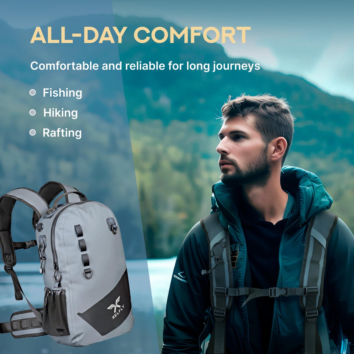 Xelfly - Waterproof Fishing Backpack with Rod Holder, Inflatable Air Valve, Padded Waist Straps & Gear Loops - Submersible Zipper, Rugged Top Handle, Adjustable Attachments (Gray)