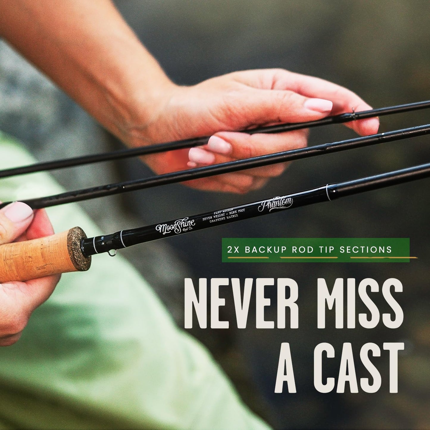 Moonshine Rod Co. Fly Fishing Rod with Carrying Case and Extra Rod Tip Section, Slow-Medium-Fast Action, The Phantom (9'0" x 7wt)