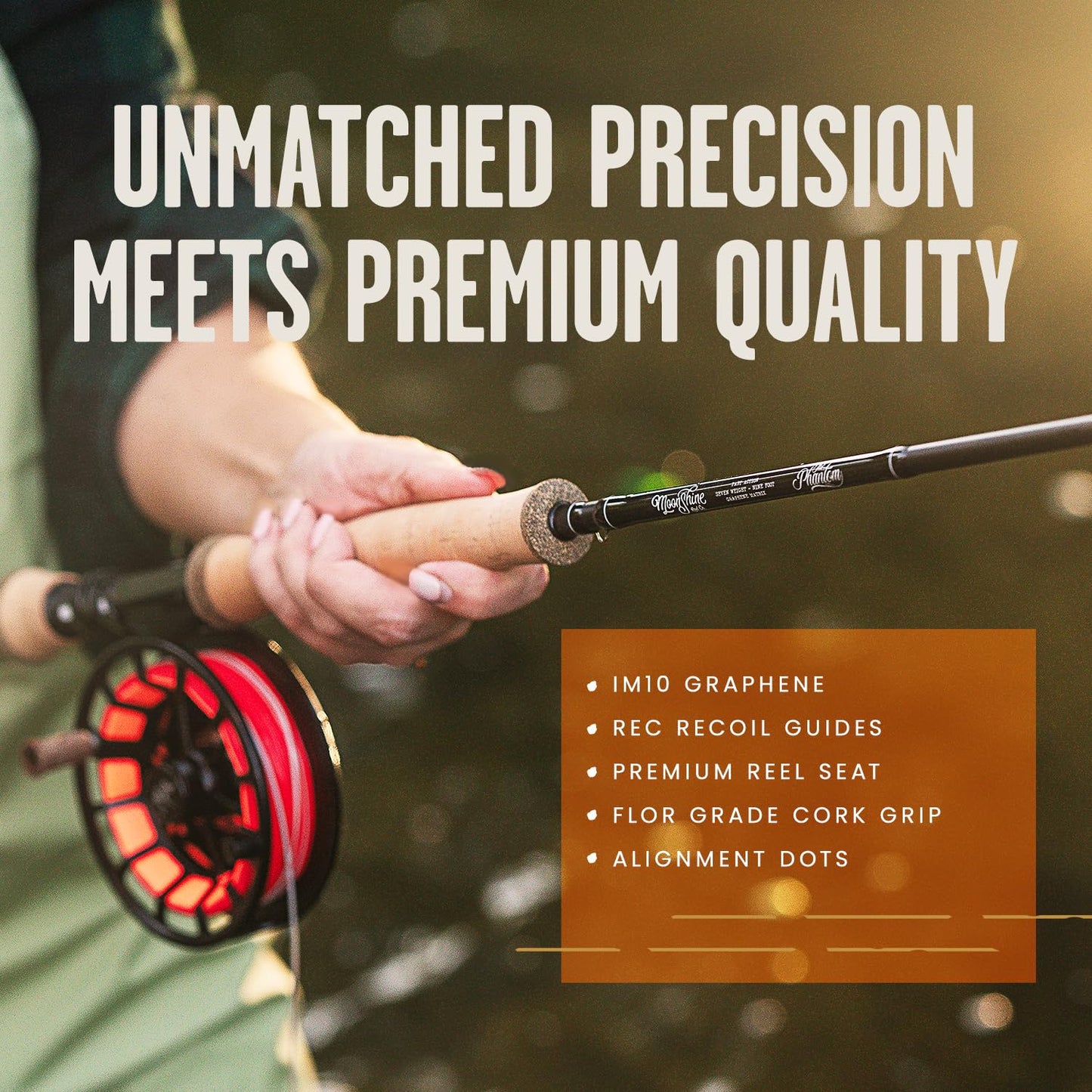 Moonshine Rod Co. Fly Fishing Rod with Carrying Case and Extra Rod Tip Section, Slow-Medium-Fast Action, The Phantom (9'0" x 7wt)