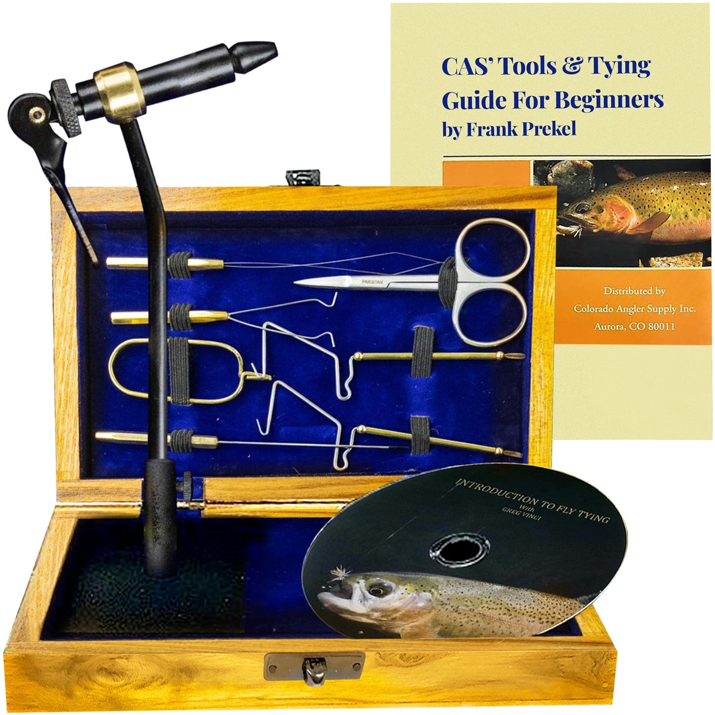 Colorado Anglers - Fly Tying Standard Tool Kit with Wooden Box & Instructional DVD, Rotary Vise, Bobbin, Scissors, Whip Finisher, Complete Fly Fishing Set for Beginners & Pros