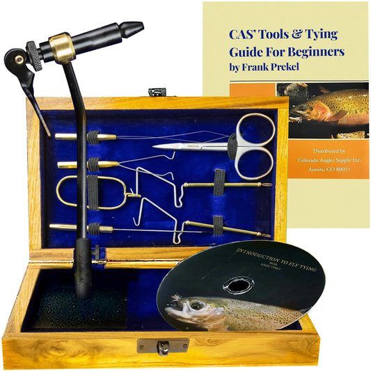 Colorado Anglers - Fly Tying Standard Tool Kit with Wooden Box & Instructional DVD, Rotary Vise, Bobbin, Scissors, Whip Finisher, Complete Fly Fishing Set for Beginners & Pros