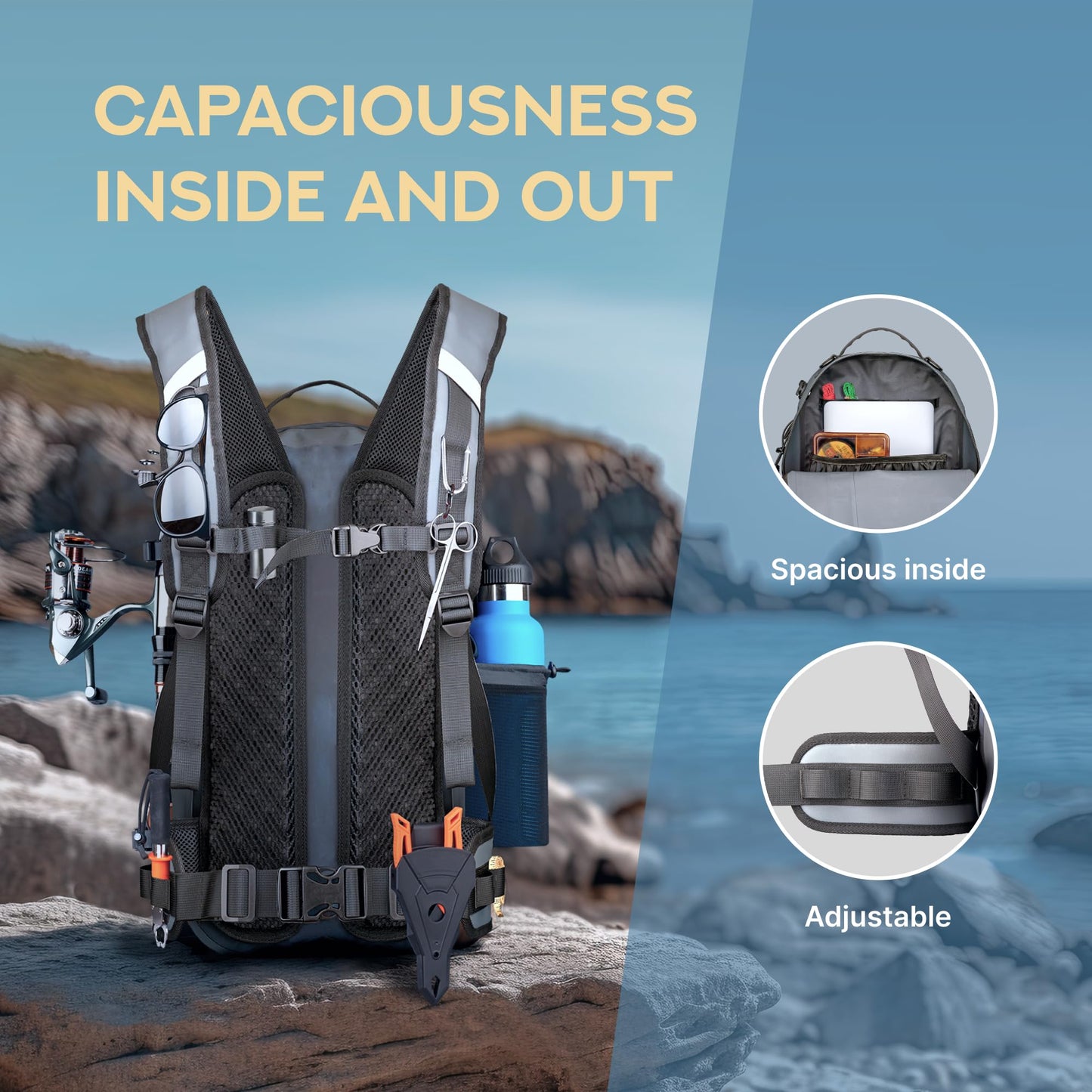 Xelfly - Waterproof Fishing Backpack with Rod Holder, Inflatable Air Valve, Padded Waist Straps & Gear Loops - Submersible Zipper, Rugged Top Handle, Adjustable Attachments (Gray)